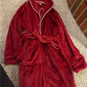 Cozy Red Bathrobe with White Piping